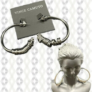 Vince Camuto Rhodium Plated Metal Rings Detail Ball Cap End Open Hoop Earrings